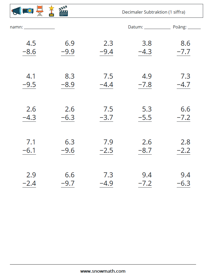(25) Decimaler Subtraktion (1 siffra) Matematiska arbetsblad 16