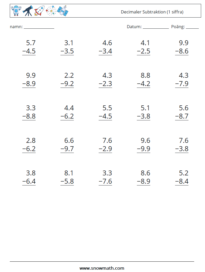 (25) Decimaler Subtraktion (1 siffra) Matematiska arbetsblad 17