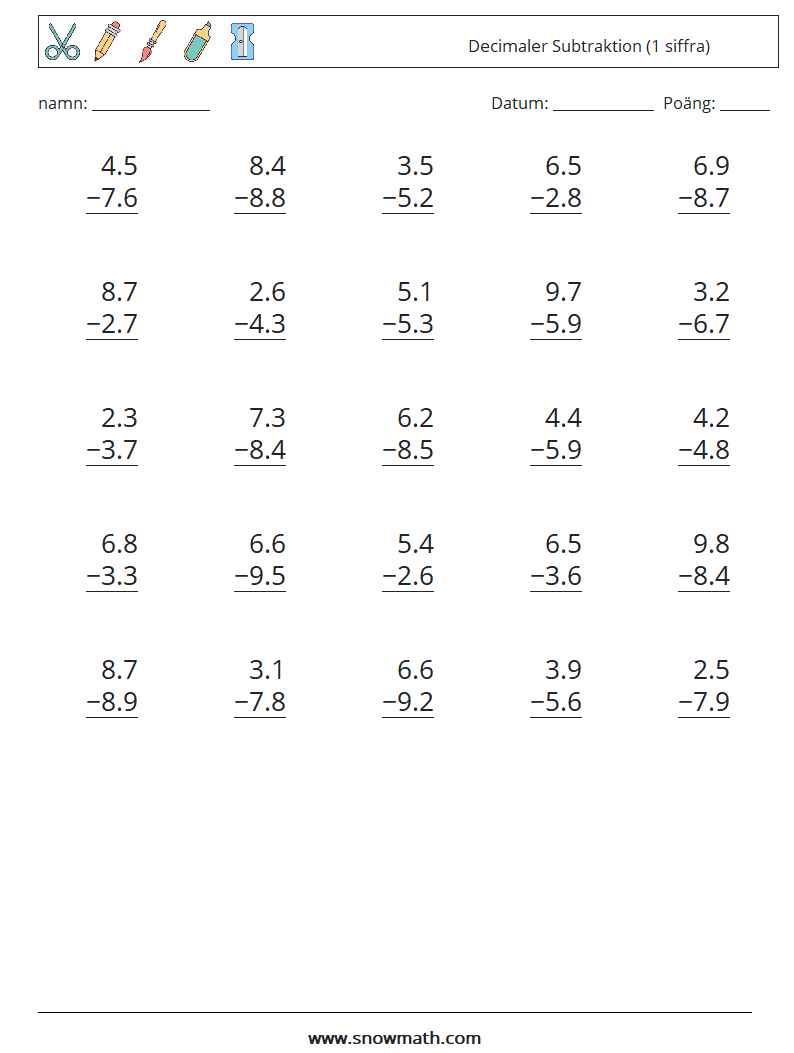 (25) Decimaler Subtraktion (1 siffra) Matematiska arbetsblad 18