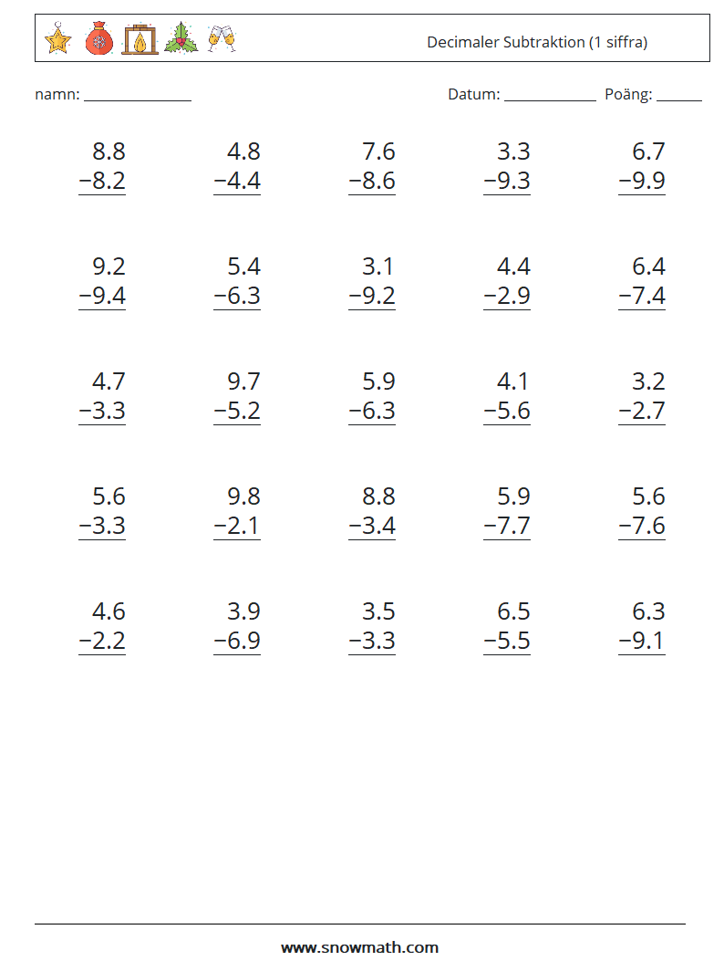 (25) Decimaler Subtraktion (1 siffra) Matematiska arbetsblad 2