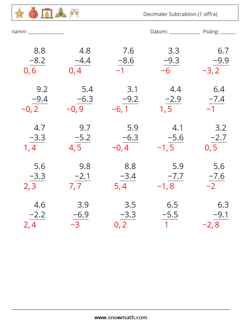 (25) Decimaler Subtraktion (1 siffra) Matematiska arbetsblad 2 Fråga, svar