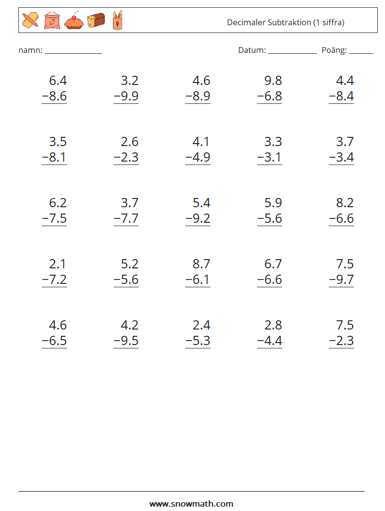 (25) Decimaler Subtraktion (1 siffra) Matematiska arbetsblad 3