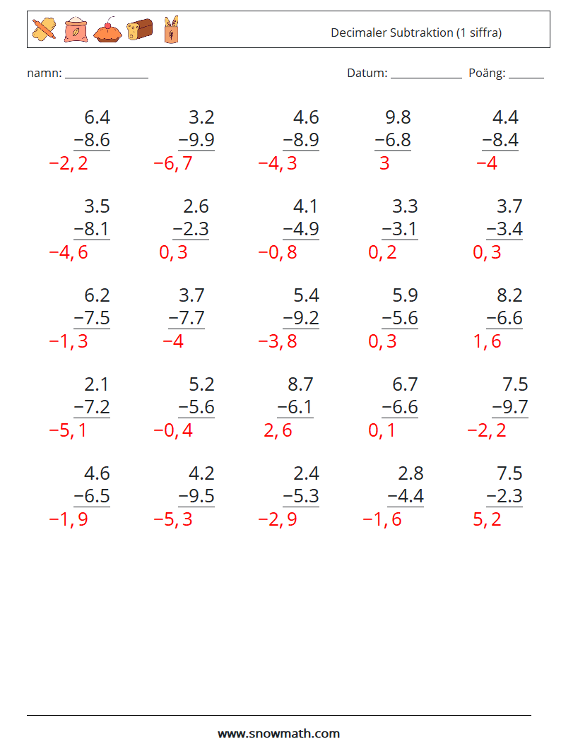 (25) Decimaler Subtraktion (1 siffra) Matematiska arbetsblad 3 Fråga, svar