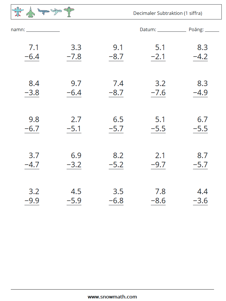 (25) Decimaler Subtraktion (1 siffra) Matematiska arbetsblad 5