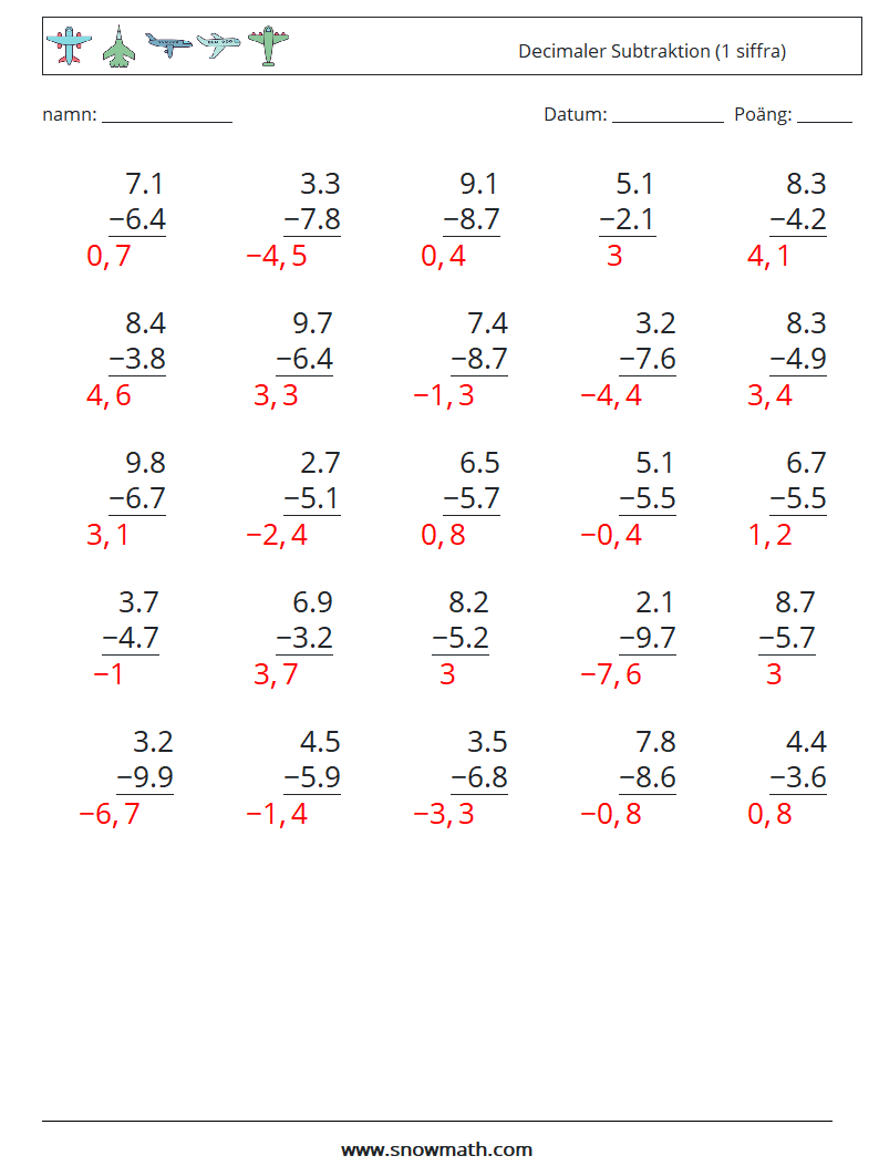 (25) Decimaler Subtraktion (1 siffra) Matematiska arbetsblad 5 Fråga, svar