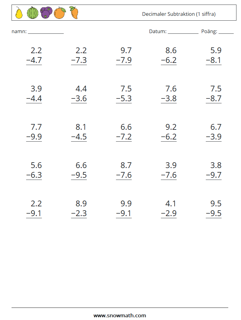 (25) Decimaler Subtraktion (1 siffra) Matematiska arbetsblad 6