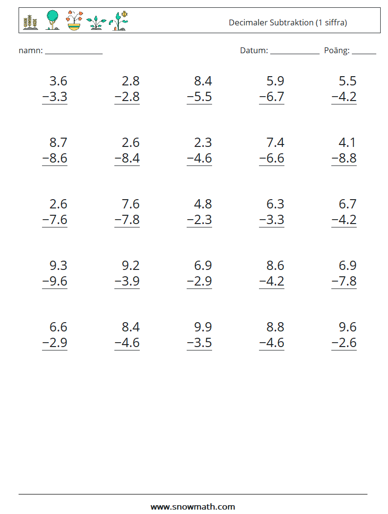 (25) Decimaler Subtraktion (1 siffra) Matematiska arbetsblad 7