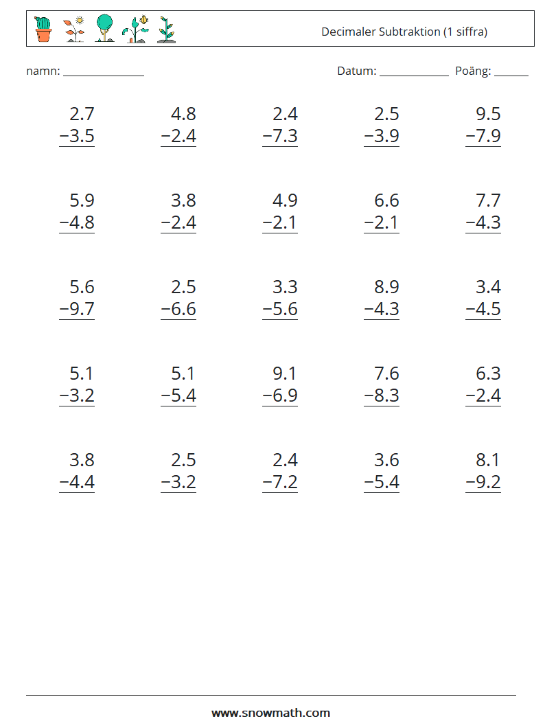(25) Decimaler Subtraktion (1 siffra) Matematiska arbetsblad 8