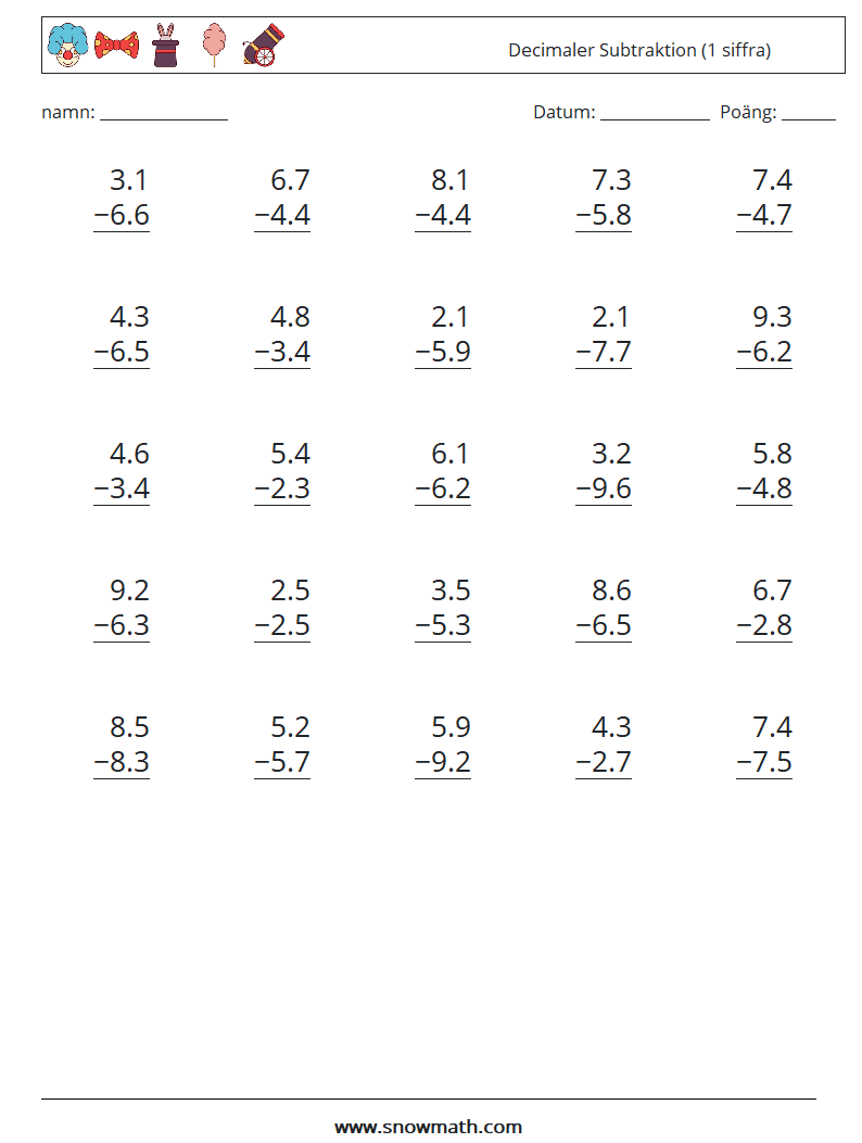 (25) Decimaler Subtraktion (1 siffra) Matematiska arbetsblad 9