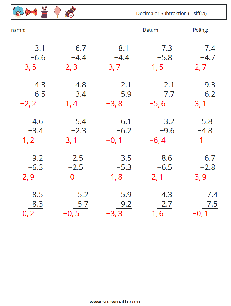 (25) Decimaler Subtraktion (1 siffra) Matematiska arbetsblad 9 Fråga, svar