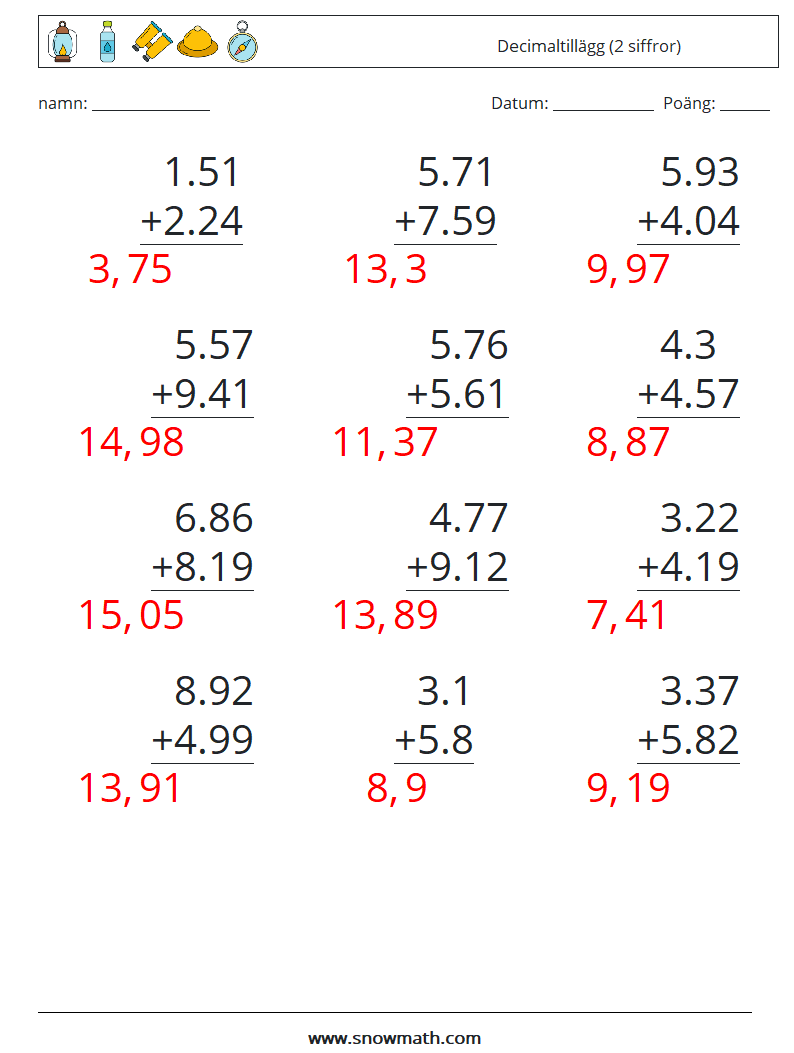 (12) Decimaltillägg (2 siffror) Matematiska arbetsblad 10 Fråga, svar