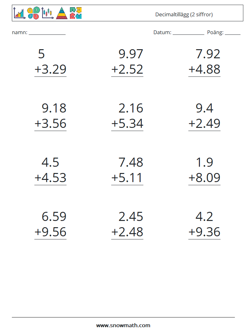 (12) Decimaltillägg (2 siffror) Matematiska arbetsblad 11