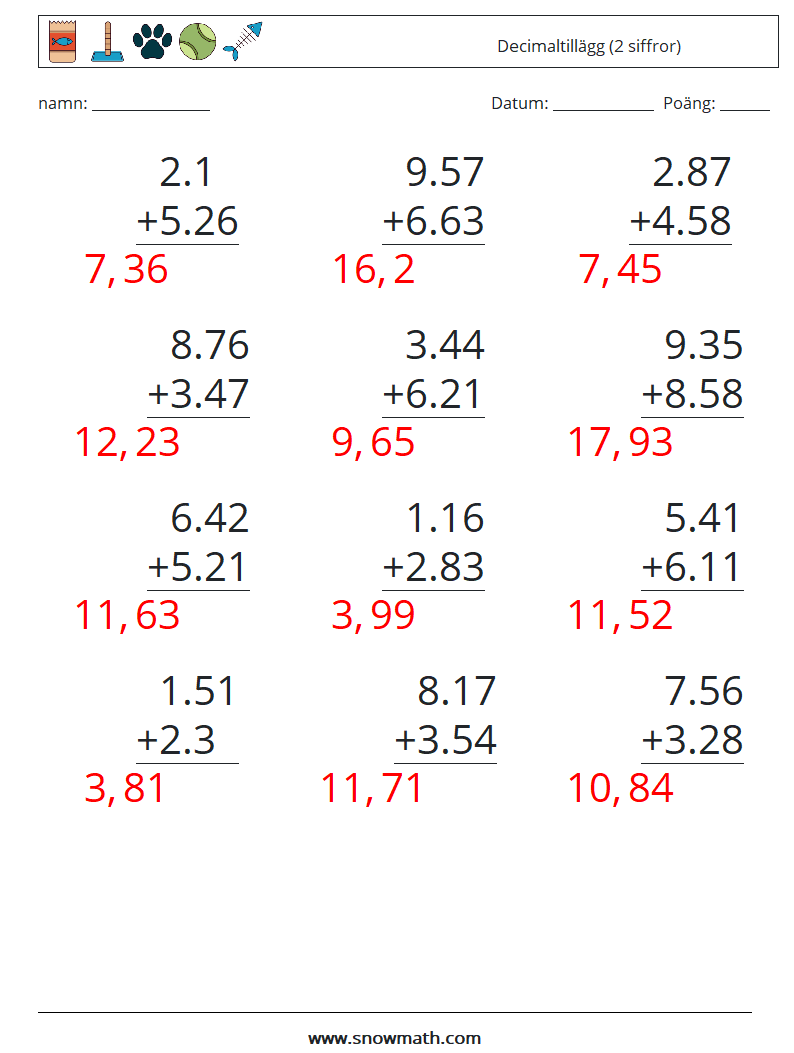 (12) Decimaltillägg (2 siffror) Matematiska arbetsblad 14 Fråga, svar