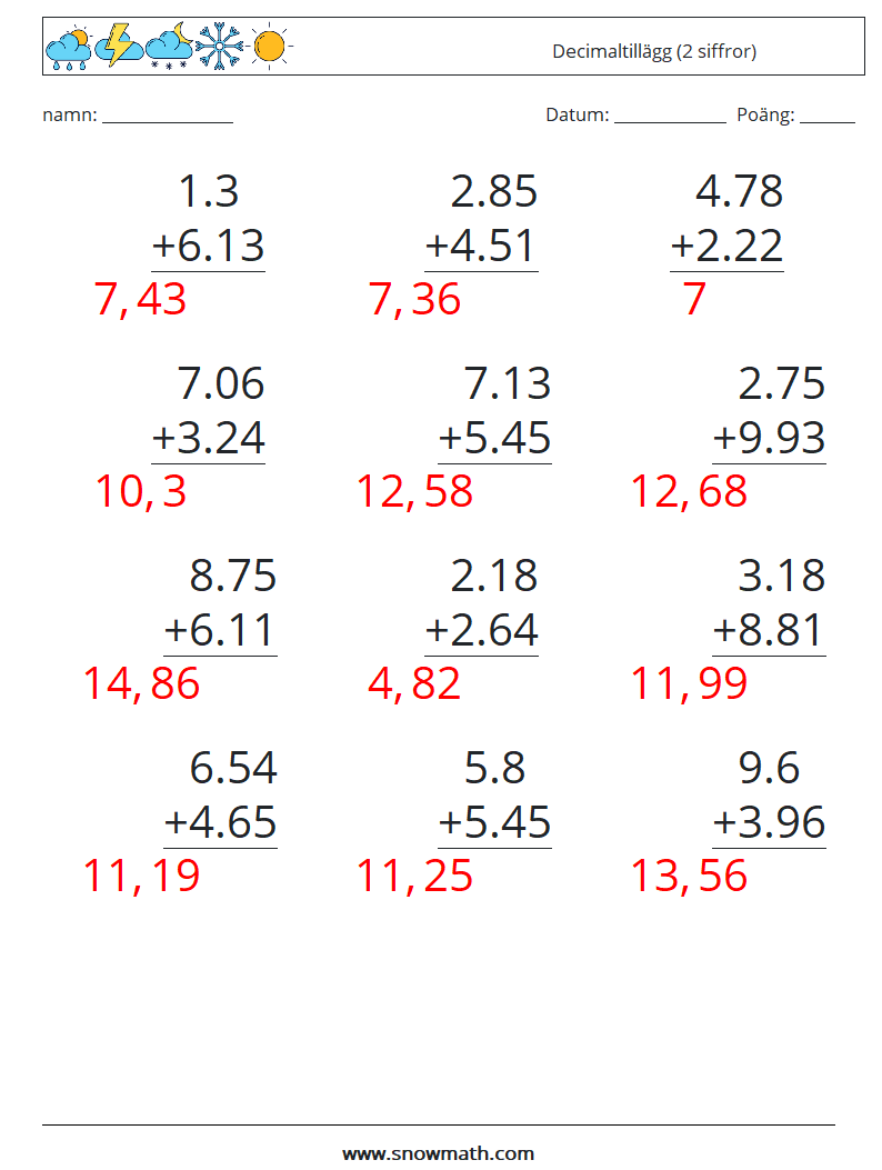 (12) Decimaltillägg (2 siffror) Matematiska arbetsblad 15 Fråga, svar