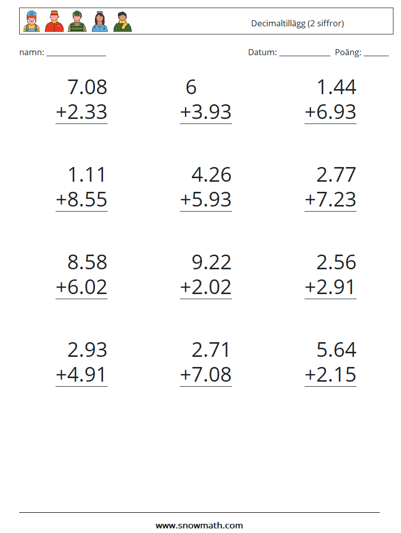 (12) Decimaltillägg (2 siffror) Matematiska arbetsblad 17