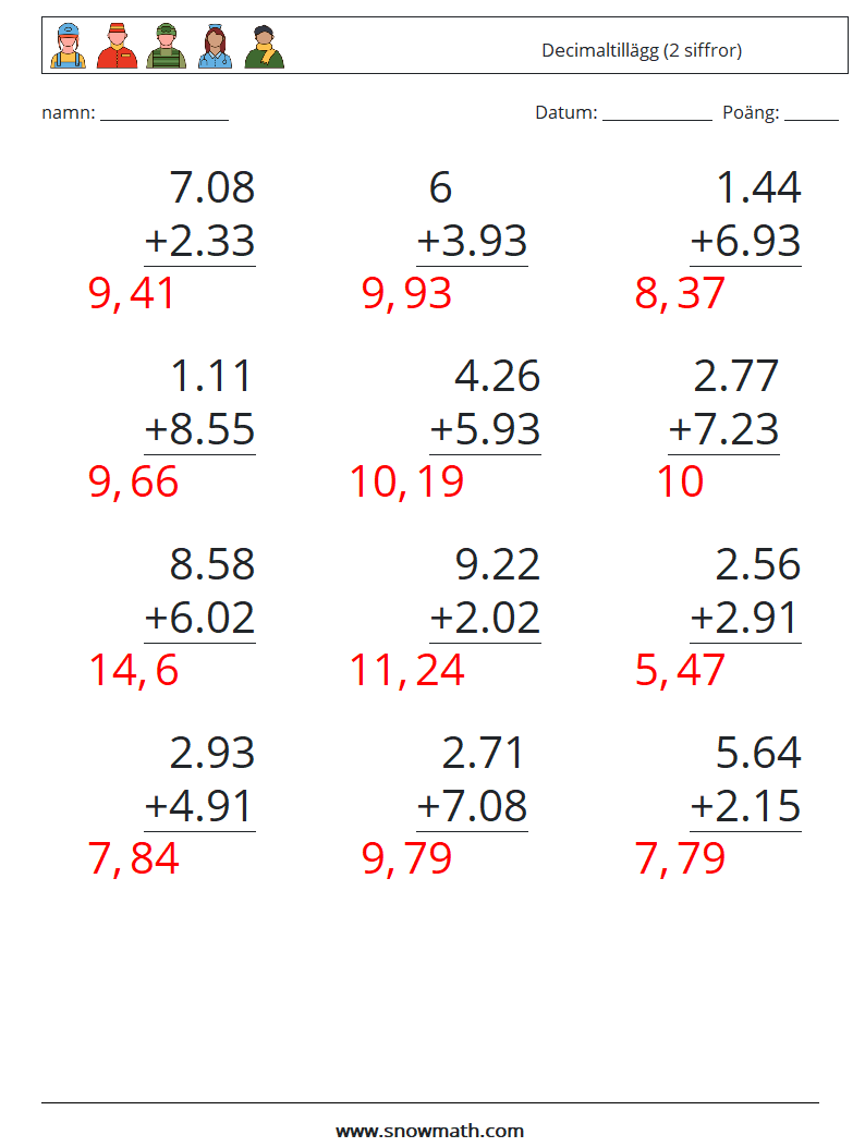 (12) Decimaltillägg (2 siffror) Matematiska arbetsblad 17 Fråga, svar