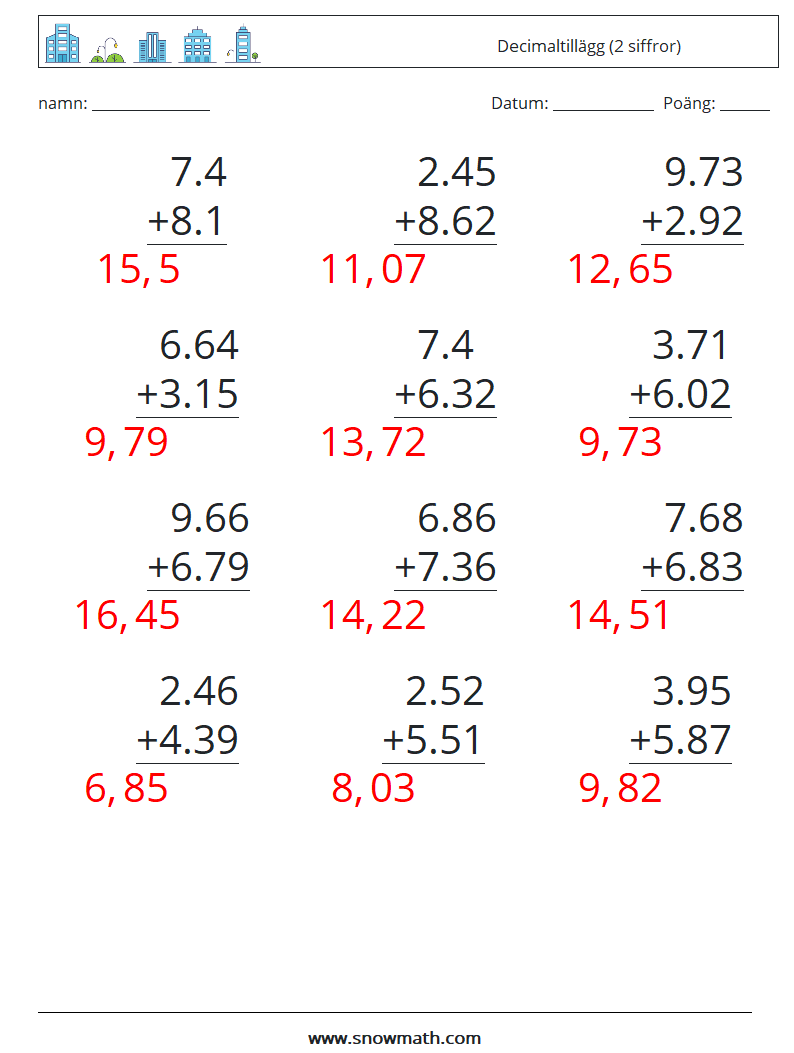 (12) Decimaltillägg (2 siffror) Matematiska arbetsblad 18 Fråga, svar