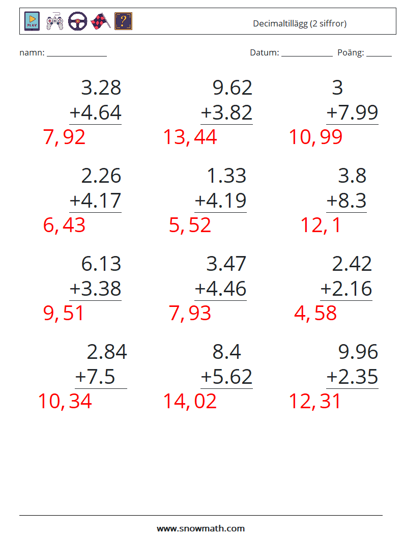 (12) Decimaltillägg (2 siffror) Matematiska arbetsblad 1 Fråga, svar