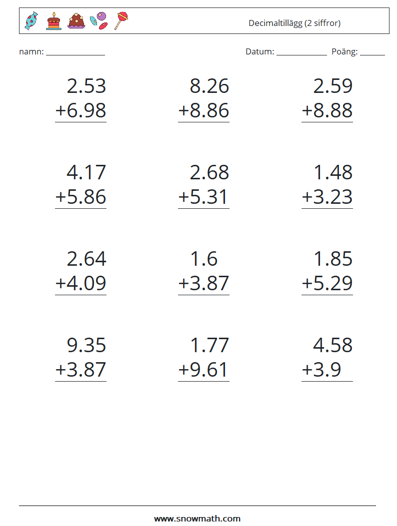(12) Decimaltillägg (2 siffror) Matematiska arbetsblad 2