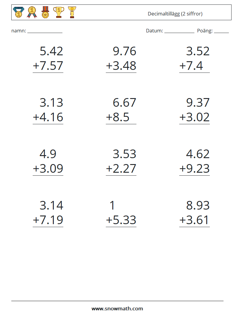 (12) Decimaltillägg (2 siffror) Matematiska arbetsblad 3