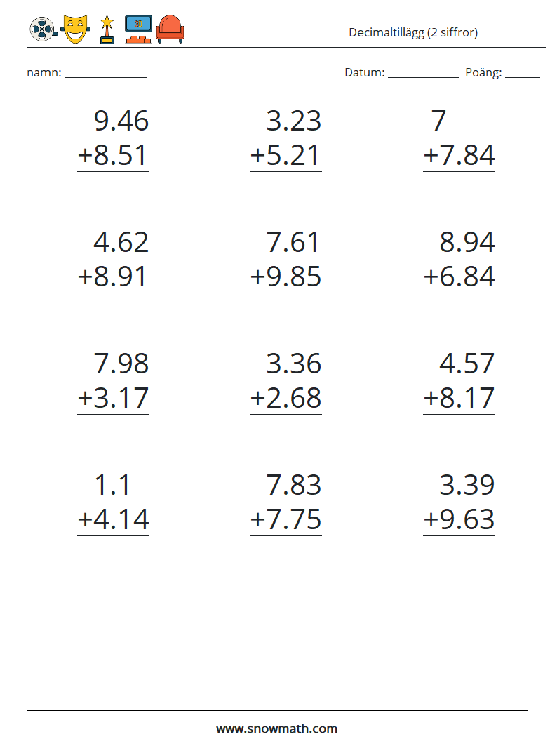 (12) Decimaltillägg (2 siffror) Matematiska arbetsblad 5