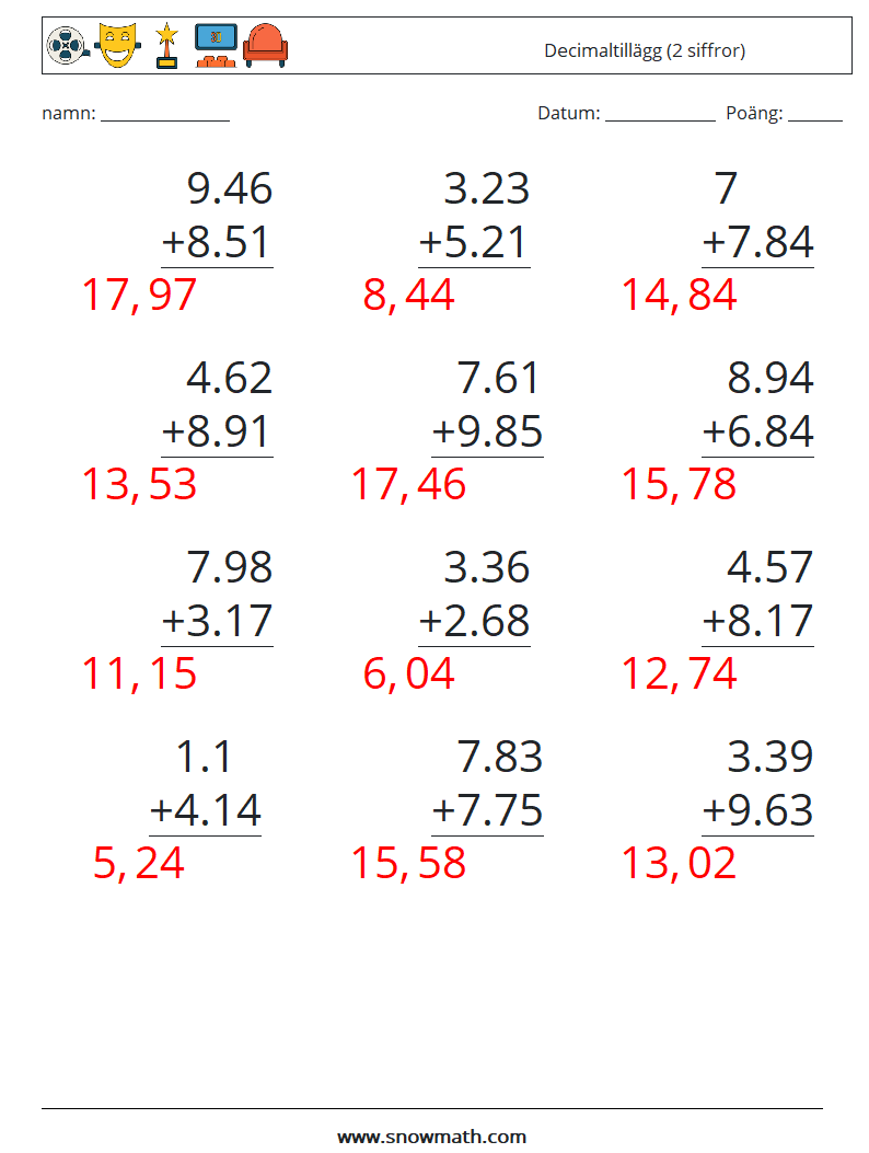 (12) Decimaltillägg (2 siffror) Matematiska arbetsblad 5 Fråga, svar