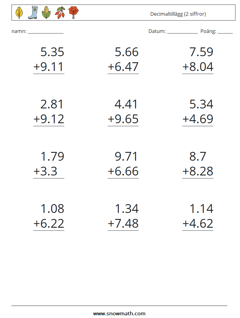 (12) Decimaltillägg (2 siffror) Matematiska arbetsblad 6