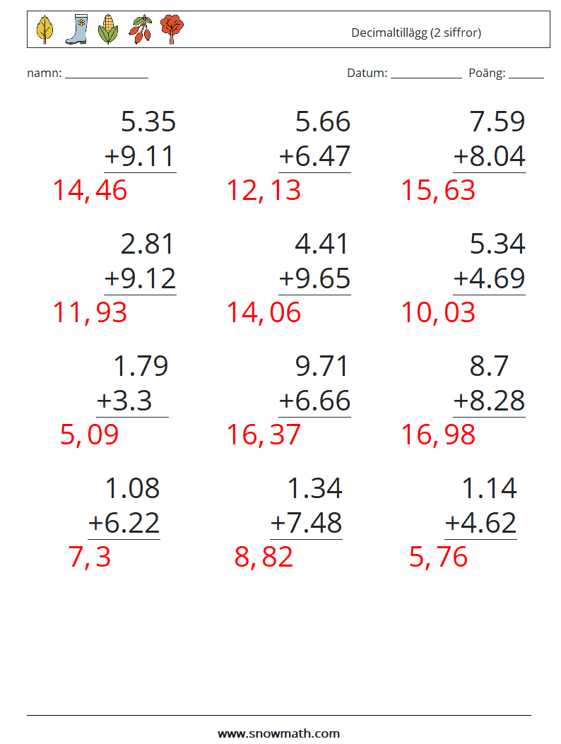 (12) Decimaltillägg (2 siffror) Matematiska arbetsblad 6 Fråga, svar