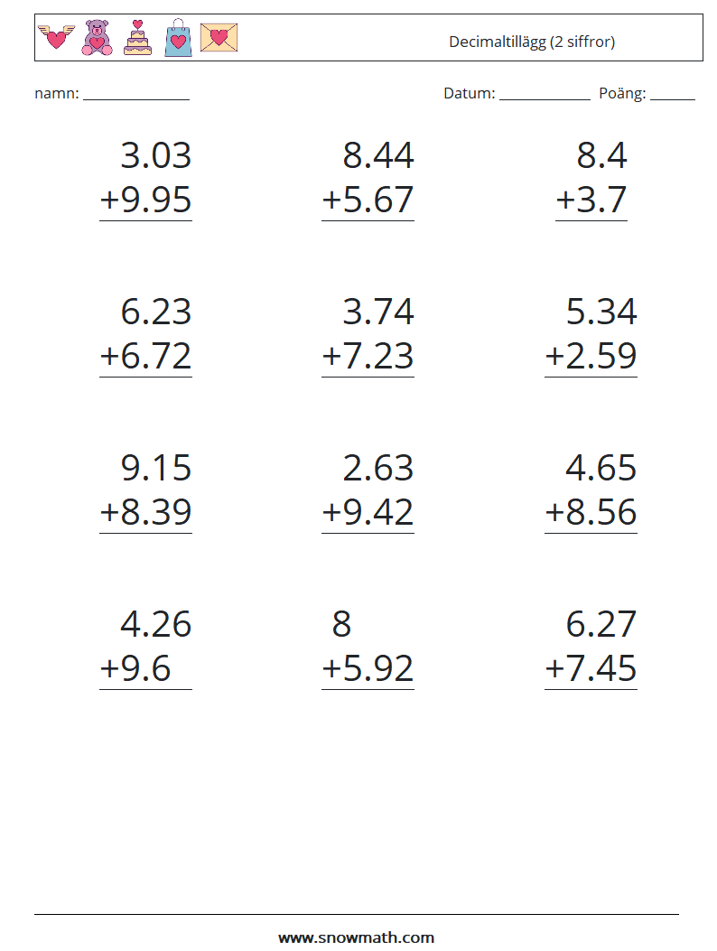 (12) Decimaltillägg (2 siffror) Matematiska arbetsblad 7