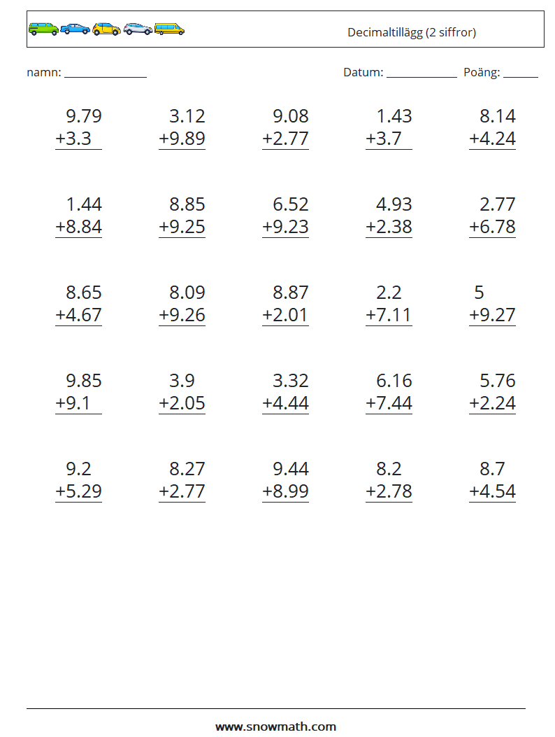 (25) Decimaltillägg (2 siffror) Matematiska arbetsblad 11