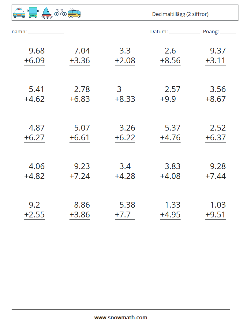 (25) Decimaltillägg (2 siffror) Matematiska arbetsblad 12