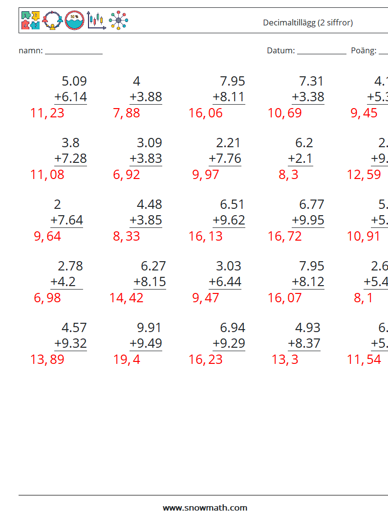 (25) Decimaltillägg (2 siffror) Matematiska arbetsblad 15 Fråga, svar