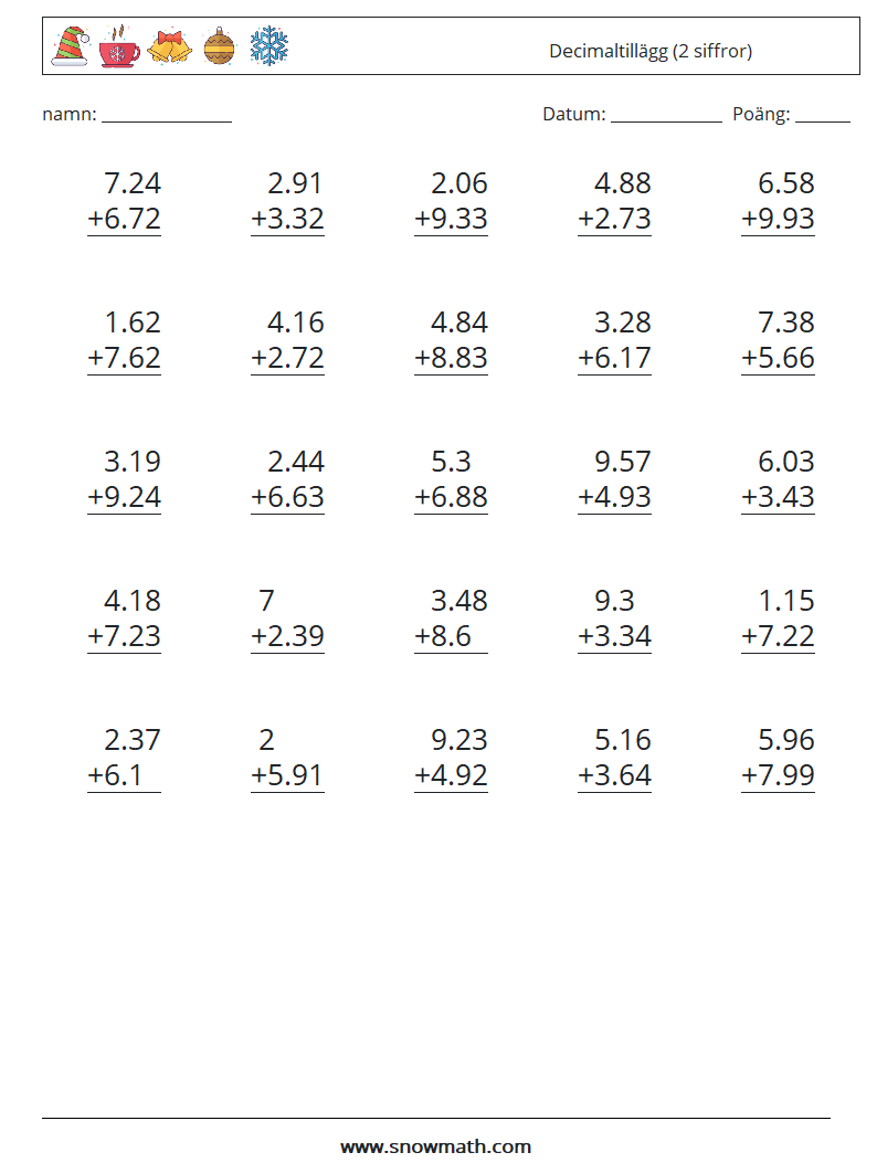 (25) Decimaltillägg (2 siffror) Matematiska arbetsblad 17