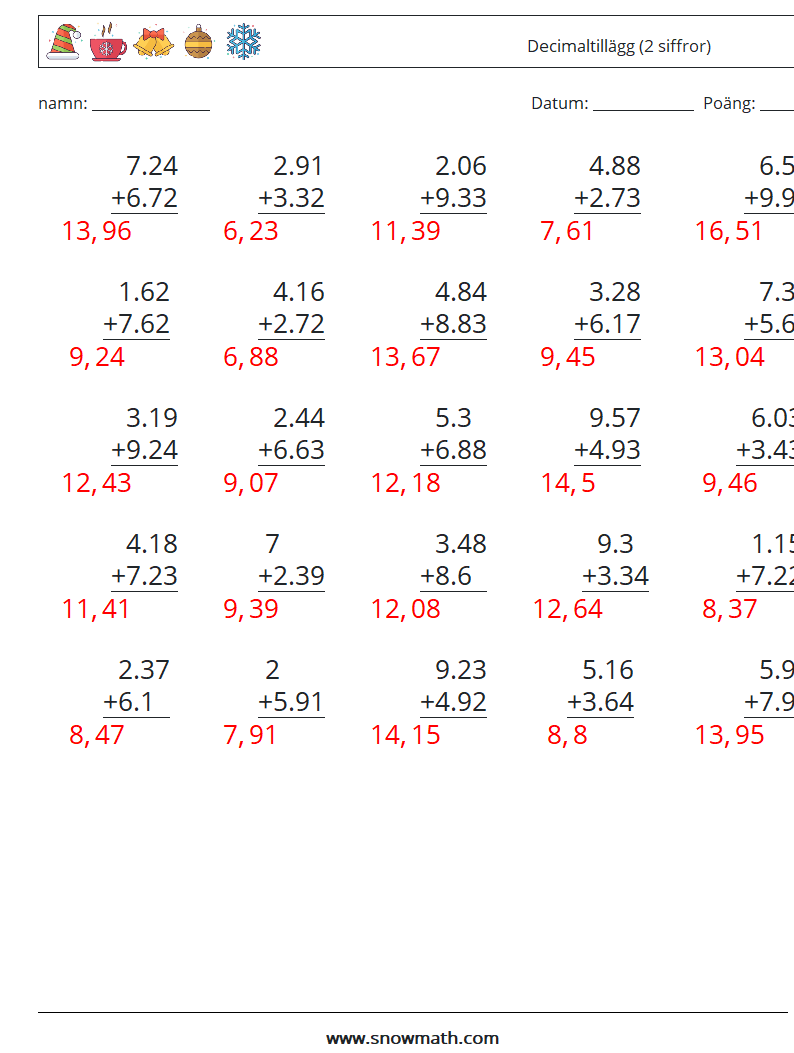 (25) Decimaltillägg (2 siffror) Matematiska arbetsblad 17 Fråga, svar