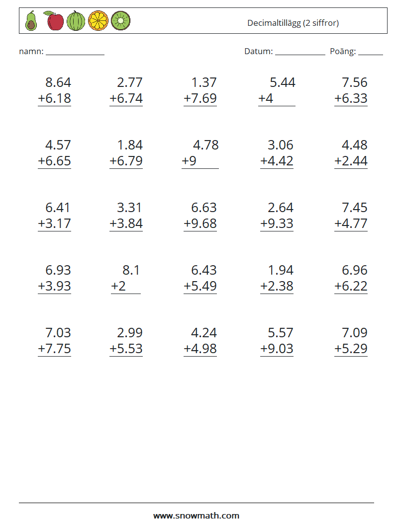 (25) Decimaltillägg (2 siffror) Matematiska arbetsblad 2