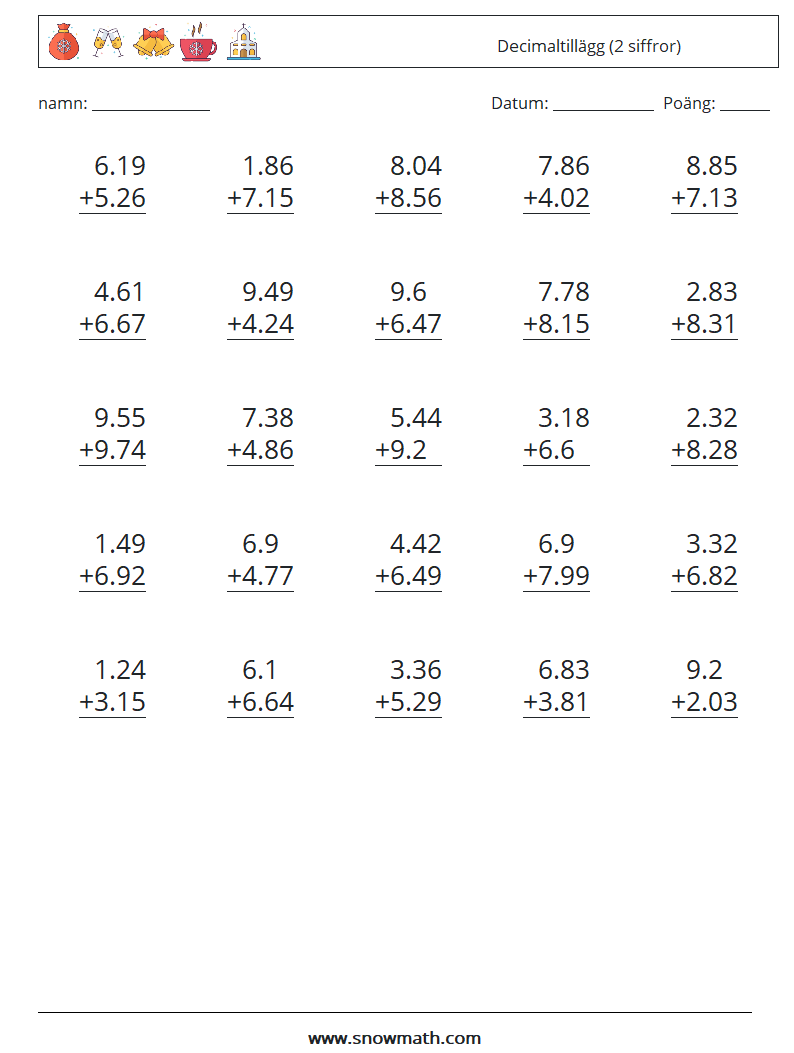 (25) Decimaltillägg (2 siffror) Matematiska arbetsblad 3