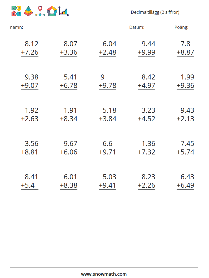 (25) Decimaltillägg (2 siffror) Matematiska arbetsblad 4