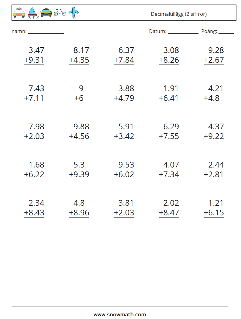 (25) Decimaltillägg (2 siffror) Matematiska arbetsblad 6