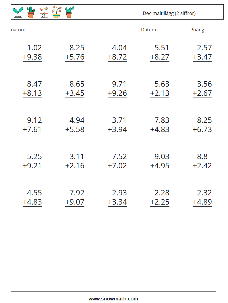 (25) Decimaltillägg (2 siffror) Matematiska arbetsblad 7