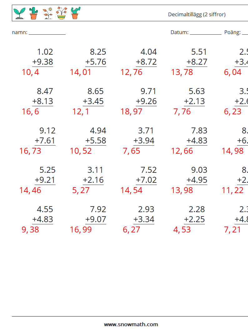 (25) Decimaltillägg (2 siffror) Matematiska arbetsblad 7 Fråga, svar