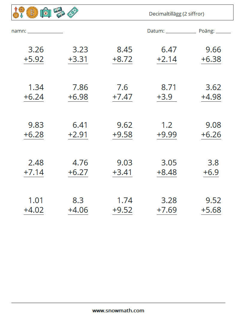 (25) Decimaltillägg (2 siffror) Matematiska arbetsblad 8