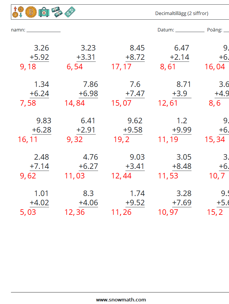 (25) Decimaltillägg (2 siffror) Matematiska arbetsblad 8 Fråga, svar