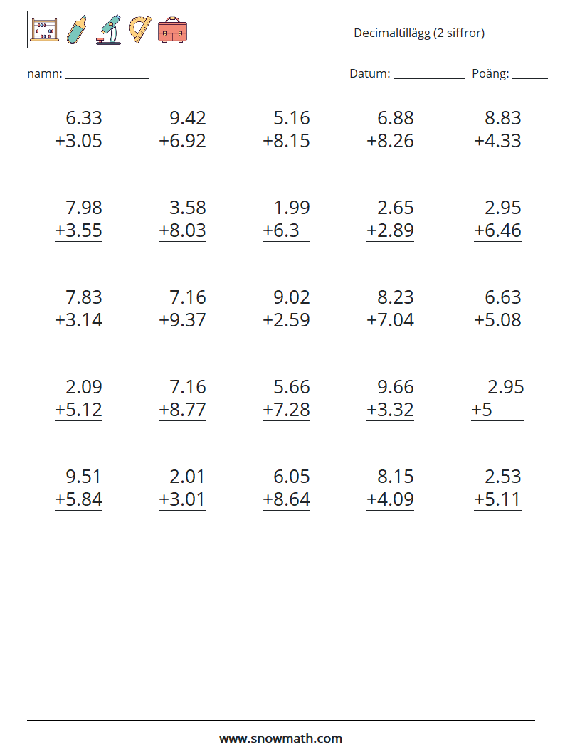 (25) Decimaltillägg (2 siffror) Matematiska arbetsblad 9