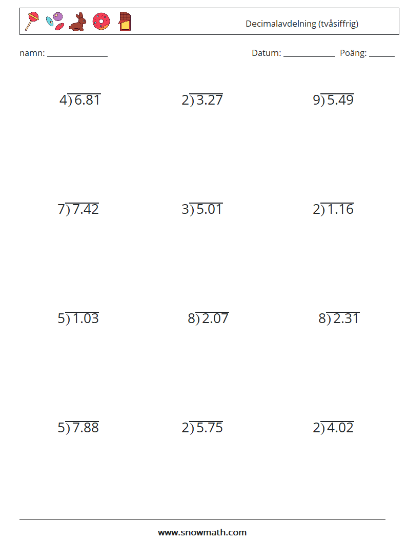 (12) Decimalavdelning (tvåsiffrig) Matematiska arbetsblad 10