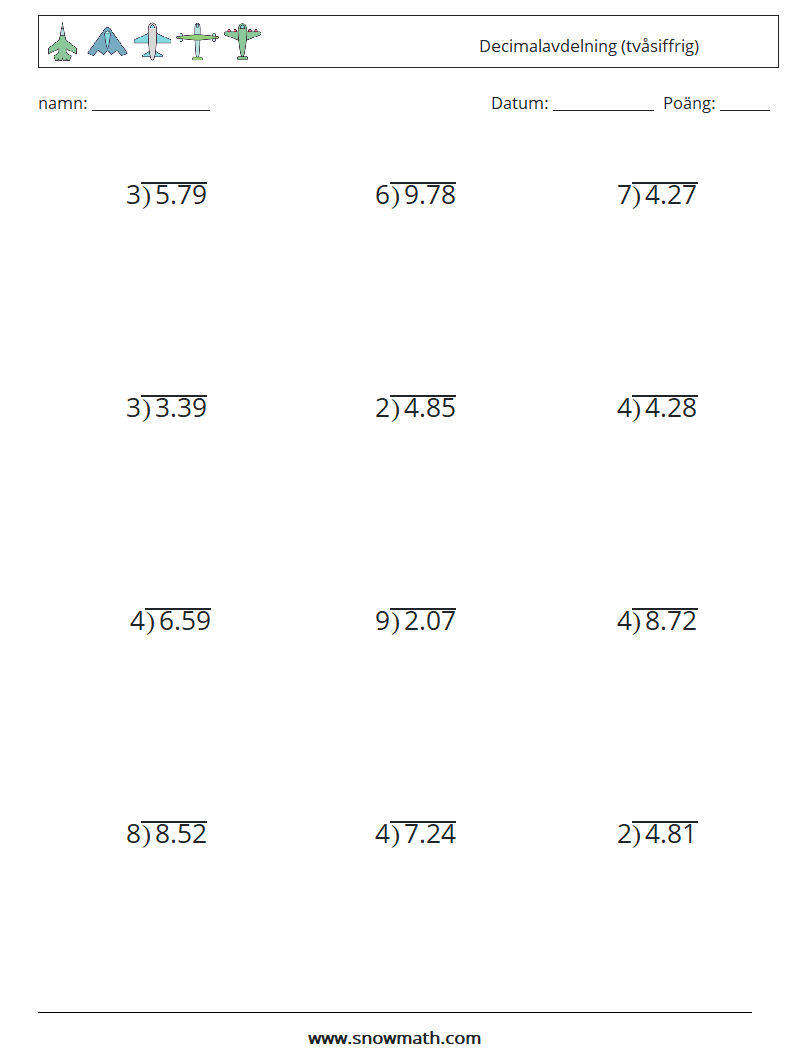 (12) Decimalavdelning (tvåsiffrig) Matematiska arbetsblad 11