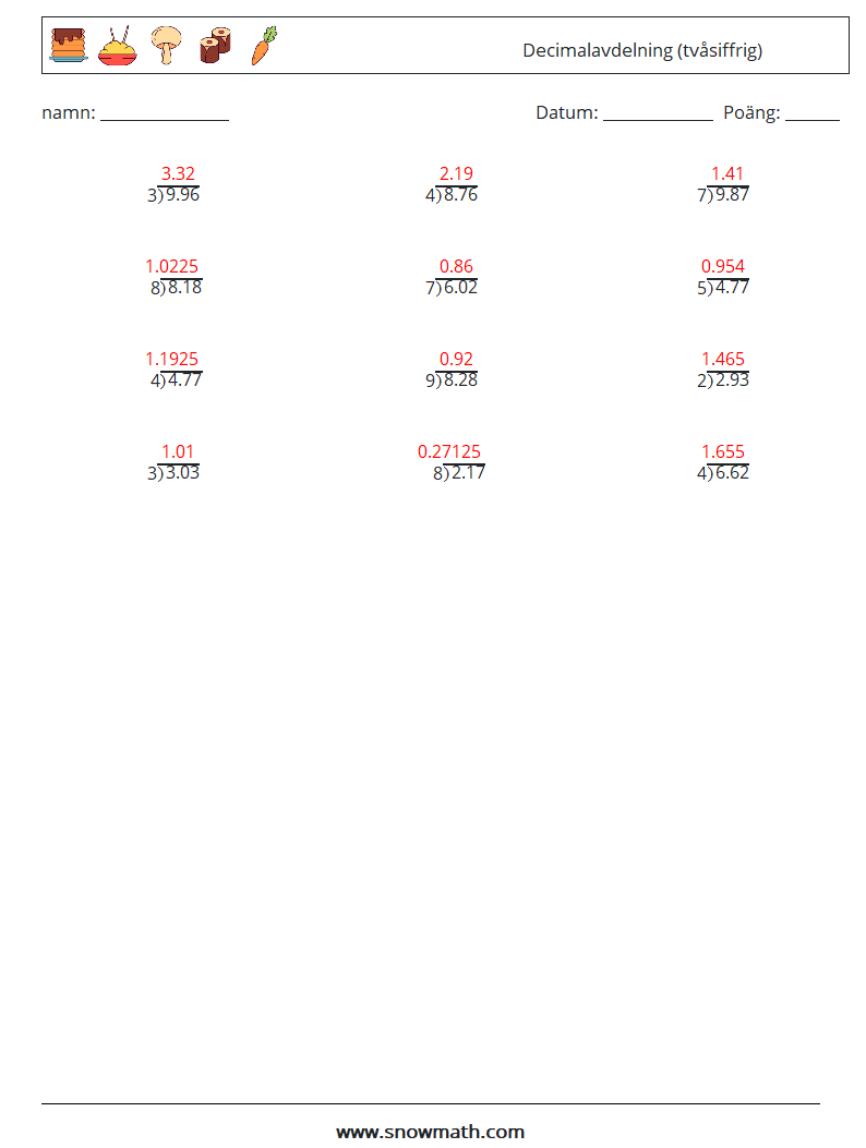 (12) Decimalavdelning (tvåsiffrig) Matematiska arbetsblad 14 Fråga, svar