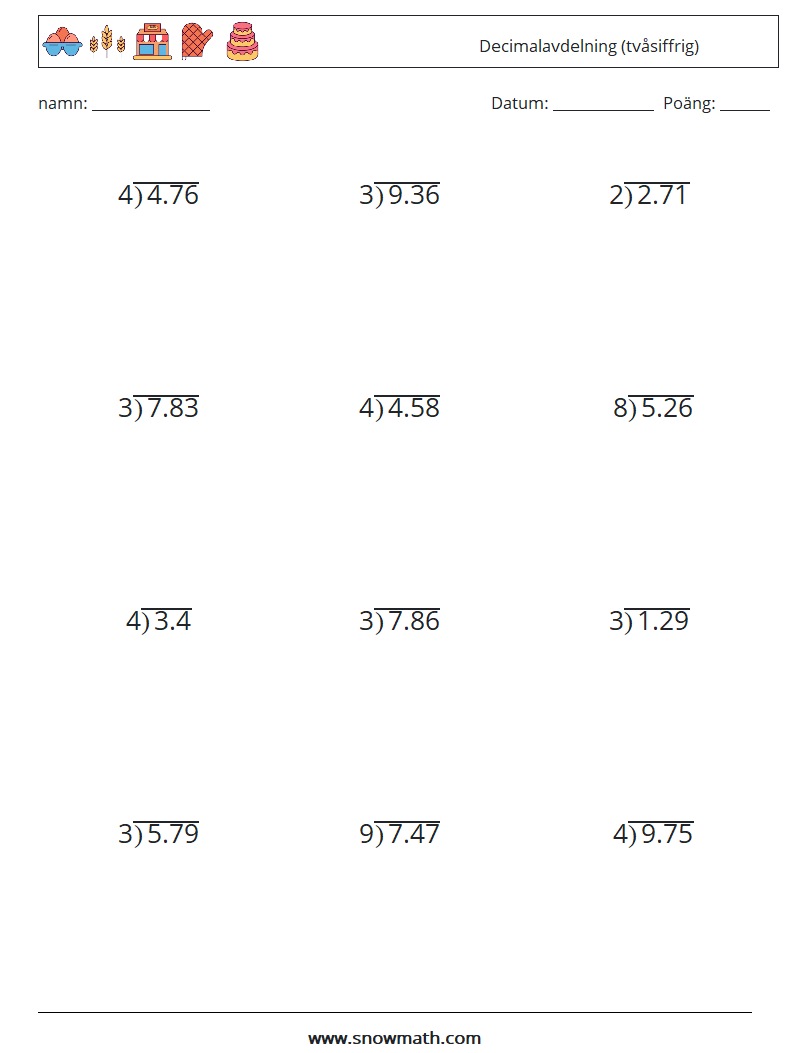 (12) Decimalavdelning (tvåsiffrig) Matematiska arbetsblad 3