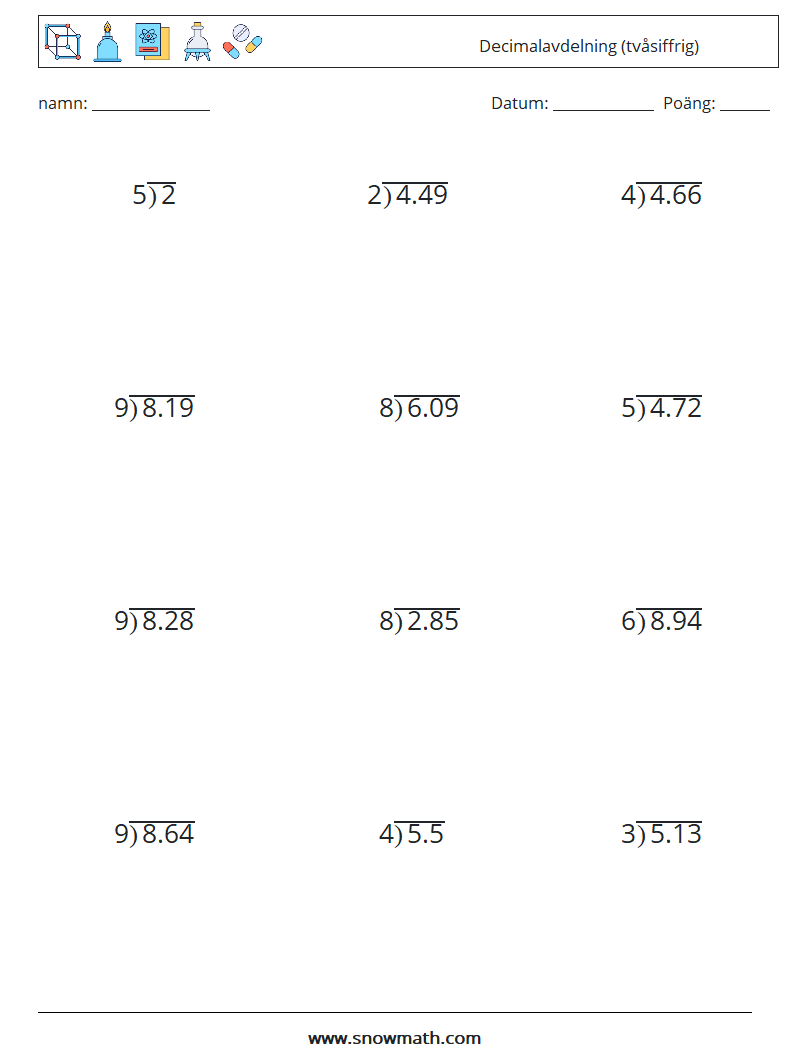 (12) Decimalavdelning (tvåsiffrig) Matematiska arbetsblad 8