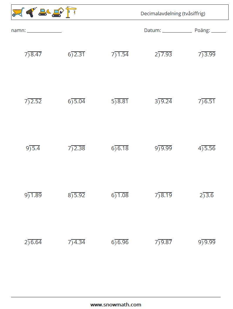 (25) Decimalavdelning (tvåsiffrig) Matematiska arbetsblad 10
