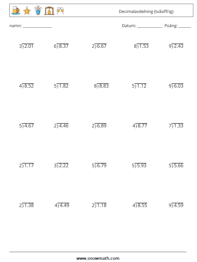 (25) Decimalavdelning (tvåsiffrig) Matematiska arbetsblad 12
